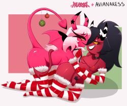 1futa 1girls 2demons avianaress black_hair breasts christmas christmas_clothing christmas_outfit dark_hair demon demon_girl demon_horns demon_tail dickgirl female futa_on_female futanari helluva_boss imp impmussa mussa penis pink_body pink_hair pink_skin ponytail red_body red_skin sallie_may_(helluva_boss) succubus succubus_horns succubus_tail succubus_wings verosika_mayday_(helluva_boss)