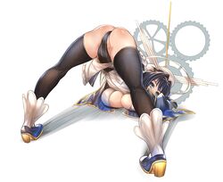 1girls absurdres ass bangs bent_over blue_eyes blue_hair boots breast_press breasts butt chains cleavage clothing_cutout eyebrows_visible_through_hair female female_only from_behind gears hair_intakes high_heels highres hololive hololive_english hololive_english_-council- hololive_english_-promise- honkivampy jack-o_pose jackochallenge large_breasts leotard looking_back ouro_kronii rear_view short_hair solo thighhighs thighs underboob virtual_youtuber white_background