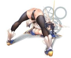 1girls absurdres ass bangs bent_over blue_eyes blue_hair boots booty breast_press breasts butt chains cleavage clothing_cutout eyebrows_visible_through_hair female female_only from_behind gears hair_intakes high_heels highres hololive hololive_english hololive_english_-council- hololive_english_-promise- honkivampy jack-o_pose jackochallenge large_breasts leotard looking_back ouro_kronii rear_view short_hair solo thighhighs thighs underboob virtual_youtuber white_background