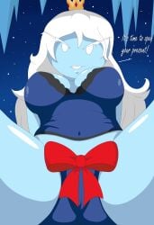 1girls 2d 2d_(artwork) adventure_time big_breasts blue_skin breasts cameltoe cartoon_network christmas crown english_text gift_bow ice_queen_(adventure_time) icicle lingerie long_hair mature_female mob_face night nobytes_(artist) smiling_at_viewer snow solo solo_female solo_focus spread_legs thighs white_eyes white_hair