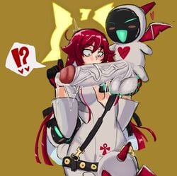 1girls big_breasts big_penis guilty_gear jack-o'_valentine looking_at_penis mobi_mobi mobubeinglewd penis_awe red_hair small_but_hung