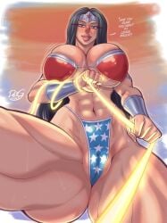 batman batman_(series) big_breasts black_hair blue_eyes blush bruce_wayne dc_comics deigart diana_prince jiggling_breasts pov pov_crotch pov_eye_contact rope rope_bondage solo speech sweat talking tiara western_art wonder_woman wonder_woman_(series)