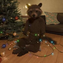 1:1 3d_(artwork) absurd_res anthro anthro_only blackxeno_(artist) blender_(software) christmas christmas_lights christmas_tree digital_media_(artwork) feet genitals guardians_of_the_galaxy hi_res holidays looking_at_viewer male male_only mammal marvel nude penis penis_tip plant procyonid raccoon rocket_raccoon rockyrcoon sitting sitting_on_ground smile smiling_at_viewer solo tree