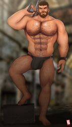 1boy bara beard brown_hair bulge chris_redfield doctor_anfelo gun hairy hairy_chest hairy_male looking_at_viewer male male_only muscles muscular muscular_male resident_evil resident_evil_8:_village smile smiling solo solo_male weapon_over_shoulder