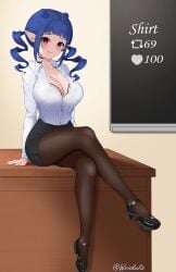 1girls artist_name black_heels blue_hair blush breasts classroom cleavage clothed clothing crossed_legs desk dizzy_dokuro female female_only heels huge_breasts indoors licking_lips light-skinned_female light_skin like_and_retweet like_icon looking_at_viewer on_desk pantyhose phase_connect phase_invaders pointy_ears red_eyes retweet_icon seductive shirt shoes skirt solo strip_game teacher virtual_youtuber white_shirt wriskelis