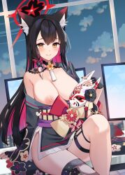 allied_hyakkiyako_academy_student animal_ear_fluff animal_ears black_hair black_kimono blue_archive colored_inner_hair fox_ears fox_girl fox_mask fox_tail halo holding holding_mask ichinomiya_(blantte) japanese_clothes kimono long_hair mask multicolored_hair nipples red_halo seven_prisoners_(blue_archive) tail two-tone_hair wakamo_(blue_archive) yellow_eyes