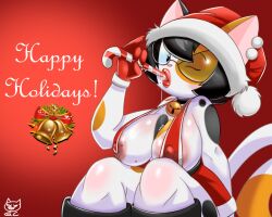 5:4 anthro big_breasts bimbo_lips bodily_fluids breasts calico_cat christmas christmas_candy christmas_clothing clothing domestic_cat felid feline felis fellatio_gesture female gomezcat holidays katy_cali mammal nipples pinup pose saliva solo sucking