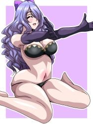 1girls bare_legs black_panties bra breasts camilla_(fire_emblem) cleavage closed_eyes elbow_gloves female female_only fire_emblem fire_emblem_fates gloves hair_over_one_eye happy inabakun00 incoming_hug inviting kneeling legs long_hair medium_breasts nintendo open_mouth panties purple_hair reaching_towards_viewer smile solo underwear