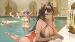 5girls bikini black_hair blonde_hair blue_eyes blue_hair brown_hair candace_(genshin_impact) dark-skinned_female dark_skin dehya_(genshin_impact) dunyarzad_(genshin_impact) fake_animal_ears fake_cat_ears female female_focus female_only genshin_impact heterochromia huge_breasts large_breasts light-skinned_female light_skin looking_at_viewer lumine_(genshin_impact) nilou_(genshin_impact) pool red_hair smile smiling smiling_at_viewer swimming swimming_pool swimsuit swimwear tagme yellow_eyes zzo_(chorizzzzo)