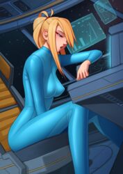 1girls absurd_res aroused blonde_hair blush bodysuit clothed computer deilan12 female female_focus female_only metroid nintendo ponytail samus_aran sitting sitting_on_chair solo solo_female space spacecraft spaceship zero_suit zero_suit_samus