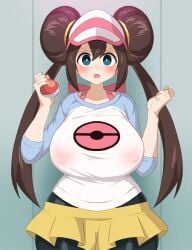 arms_up barely_visible_nipples clenched_hand embarrassed full-face_blush fully_clothed hi_cheese19 holding_poke_ball huge_breasts nipple_bulge no_bra pokeball pokemon pokemon_bw2 rosa_(pokemon) shocked sweatdrop wide_hips