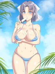 bare_shoulders beach bikini blue_eyes blue_sky blue_stripes blush body_blush bow breast_hold breasts cameltoe chopin_oekaki cleavage cloud day dripping female food food_in_mouth food_on_body grey_hair hairbow highres horizon large_breasts looking_at_viewer medium_hair melting micro_bikini navel ocean outdoors palm_tree plant popsicle popsicle_in_mouth senran_kagura sexually_suggestive shiny_skin skindentation sky solo standing stomach striped striped_bikini suggestive_fluid sweat swimsuit thighs tree water wet white_bow yumi_(senran_kagura)