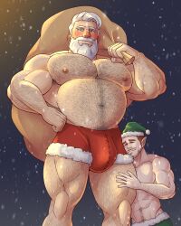 2023 2boys bara bara_tits barazoku beard big_bulge body_hair bulge christmas chubby clothing daddy elf facial_hair gay hairy hairy_chest hairy_male holidays huge_bulge male male/male male_focus male_nipples male_only male_pubic_hair manly mature_male muscular_male nipples santa_claus santa_costume simshenko solo_male white_beard white_hair yaoi