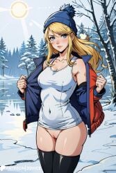 2d 2dvice ai_generated blonde_female blonde_hair blonde_hair_female blue_eyes christmas coat jacket lake long_hair looking_at_viewer metroid nintendo outdoor outdoors outside pussy samus_aran snow video_game video_game_character video_games winter winter_clothes