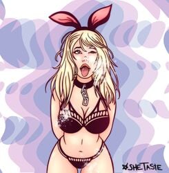 ahe_gao blonde_hair blue_eyes bunny_costume bunny_ears bunny_girl bunnygirl bunnysuit chains choker choker_chain cleavage collar cum_in_mouth cum_on_body cum_on_breasts cum_on_face cum_on_thighs cum_on_tongue female female_only lingerie messy messy_hair open_mouth panties slave slave_collar slavegirl solo thick thick_lips thick_thighs thigh_gap