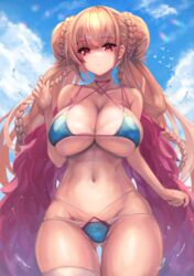 1girls aqua_bikini aqua_swimsuit asymmetrical_legwear azur_lane bangs bikini blue_sky braid breasts brown_hair clavicle cleavage closed_mouth clothing day denchi_more_power expressionless extremely_large_filesize eyebrows_visible_through_hair female formidable_(azur_lane) formidable_(the_lady_of_the_beach)_(azur_lane) gluteal_fold high_resolution large_breasts large_filesize legwear long_hair looking_at_viewer navel outdoors red_eyes single_thighhigh sky solo swimsuit tanlines tanned thighhighs tied_hair twin_braids very_high_resolution very_long_hair water_drop white_legwear