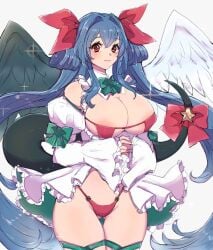 alternate_costume areola_slip bow_on_tail bowtie bowtie_collar breasts_out_of_clothes christmas christmas_bikini clasped_hands cleft_of_venus detached_collar dizzy_(guilty_gear) dress guilty_gear huge_breasts huge_thighs light_smile looking_at_viewer off_shoulder smile star_ornament thick_thighs usachess_maru wide_hips