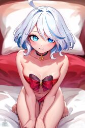 1girls adorable bed blue_eyes blush choker christmas christmas_clothing christmas_outfit cute eye_contact feet female female_only furina_(genshin_impact) genshin_impact hi_res highres inviting looking_at_viewer nude_female on_bed petite pillow small_breasts smile unstableboiler white_hair