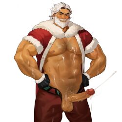 1boy abs arm_hair bara bare_pectorals beard blue_eyes chest_hair christmas cookie_run cum cum_on_body cum_on_male cum_on_pectorals dark-skinned_male dark_skin eggnog_cookie ejaculation erection facial_hair full_beard fur_trim hairy handsfree_ejaculation highres humanization large_pectorals looking_at_viewer male_focus male_pubic_hair mature_male mismatched_eyebrows moustache muscular muscular_male navel_hair nipples open_clothes open_pants pants pectorals penis pubic_hair red_headwear santa_costume seductive_smile short_hair smile solo strongman_waist sweat thick_beard thick_eyebrows uncensored very_sweaty white_hair yumilbo