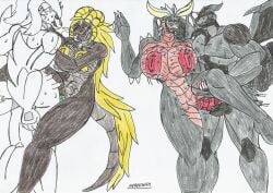 2boys 2girls anthro big_breasts big_hips big_horns big_penis black_scales blue_dick blue_eyes blue_penis bouncing_breasts breath brown_scales crossover dragon_humanoid elder_dragon furry gold_eyes gold_nipples gold_pussy gold_sclera grey_scales kulve_taroth male/female male_penetrating_female marlon64 monster_hunter nergigante on_wall pokémon_(species) pokemon pokemon_(species) pussy_juice red_dick red_eyes red_nipples red_penis red_pussy red_scales reshiram sideways sweat traditional_drawing_(artwork) vaginal_sex white_background white_scales winged_arms winged_humanoid zekrom