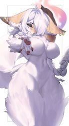 big_breasts breasts character_request ear_piercing earrings female furry piercings tail thick_thighs white_fur white_hair wide_hips woobin94