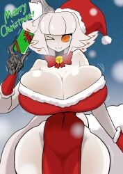 2023 amber_eyes arm_warmers breast_squish cat_ears cat_tail catgirl catmaid_(dizzyspells) choker christmas christmas_outfit clawed_fingers collar collar_bell ear_fluff female fluffy_tail fully_clothed highres huge_breasts looking_at_viewer pale_skin present ribbon santa_hat shiny_skin slim_waist smile solo tanio_(tanio_0114) thick_thighs thigh_squish white_hair wide_hips wink winking_at_viewer