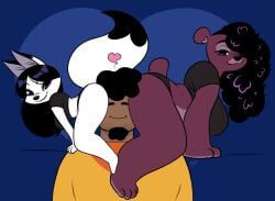 1boy 1human 2girls african_male anthro anthro_female ass awd awdtwit bear bear_girl black_hair brown_fur brown_skin brown_skinned_male butt_on_face closed_eyes fox fox_girl furry furry_female furry_with_non-furry heart human human_is_better human_male interspecies jasmine_(awdtwit) mammal panties sandwiched shirt smile sugarberry_(awdtwit) white_fur