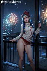 2dvice ai_generated big_breasts blue_eyes blue_hair bottomless bottomless_female female female_focus female_only jinx_(league_of_legends) league_of_legends medium_breasts naked naked_female new_year night sweater winter