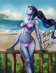 beach bikini cote_d'azur_widowmaker dako_(beehaan) overwatch overwatch_2 tattoo widowmaker