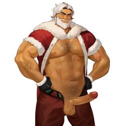 1boy abs arm_hair bara bare_pectorals beard blue_eyes chest_hair christmas cookie_run dark-skinned_male dark_skin eggnog_cookie erection facial_hair full_beard fur_trim hairy highres humanization large_pectorals looking_at_viewer male_focus male_pubic_hair mature_male mismatched_eyebrows moustache muscular muscular_male navel_hair nipples open_clothes open_pants pants pectorals penis pubic_hair red_headwear santa_costume seductive_smile short_hair smile solo strongman_waist thick_beard thick_eyebrows uncensored white_hair yumilbo