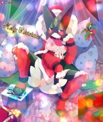 anthro areola blush breasts christmas christmas_clothing clothing felid feline female generation_9_pokemon genitals green_body hi_res holidays mammal meowscarada nintendo nipples pokemon pokemon_(species) pokemon_sv pussy sarox solo