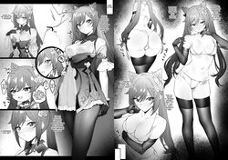 1girls ass big_ass bikini black_legwear blush breasts comic doujinshi english_text genshin_impact keqing_(genshin_impact) monochrome pantyhose remora180 thighhighs twintails