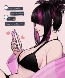 1girls bangs bare_shoulders black_hair bob_cut bra breasts dark_hair female juri_han large_breasts light-skinned_female light_skin lily1209 multicolored_hair onesie open_onesie pajamas phone purple_hair shoulders side_view sideboob solo street_fighter street_fighter_6 teasing texting white_skin