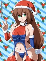 brown_hair crop_top detached_sleeves garter_straps green_eyes iris_(mega_man) long_hair mega_man mega_man_x robot_girl rockman_grave rockmangrave santa_hat sideboob thighhighs thong underwear