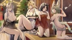 4girls :d :q absurdres animal_ears arknights ass backless_outfit bed black_dress black_hair blonde_hair blush breasts cat_ears cat_girl cat_tail christmas christmas_stocking christmas_tree cleavage dragon_girl dragon_horns dragon_tail dress eblana_(arknights) flower fur-trimmed_dress fur_trim green_eyes hair_flower hair_ornament hair_over_one_eye hanbok625 harmonie_(arknights) highres horns huge_breasts indoors kneeling large_breasts licking_lips long_hair looking_at_viewer mandragora_(arknights) multiple_girls naked_sweater open_mouth red_dress reed_(arknights) short_hair sideboob small_breasts smile spaghetti_strap sweater tail tongue tongue_out very_long_hair white_dress window