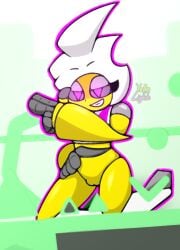 1girls female_focus geometry_dash pink_eyes robot robot_girl smiling_at_viewer trianna_(yellolight) white_hair yellolight yellow_body