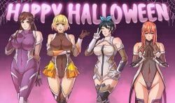 4girls absurdres black_hair blonde_hair blue_eyes bodysuit braid breasts brown_eyes brown_hair commission commissioner_upload cosplay cosplay_request covered_nipples earring female female_only hair_ribbon halloween halloween_costume heart_earring highleg highleg_leotard highres igawa_asagi_(cosplay) igawa_sakura_(cosplay) kanojo_okarishimasu large_breasts leotard mizuhara_chizuru mizuki_shiranui_(cosplay) multiple_girls nanami_mami ninja nipple_bulge nipples_visible_through_clothing pink_hair sakurasawa_sumi sarashina_ruka taimanin_(series) taimanin_asagi taimanin_yukikaze thighhighs tight_clothing wink yatsu_murasaki_(cosplay)