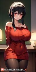 ai_generated arm_behind_back arm_on_breast bare_shoulders big_breasts black_hair blush closed_mouth collarbone creamy_ai earrings female female_only hairband hi_res indoors long_hair looking_at_viewer navel_visible_through_clothes pantyhose patreon_username perky_breasts red_eyes red_sweater spy_x_family sweater thick_thighs thighs wide_hips yor_briar