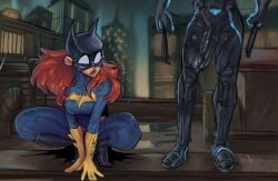 1boy 1girls barbara_gordon batgirl batman_(series) big_breasts big_penis bulge canon_couple dc dc_comics dick_grayson female long_hair looking_at_penis looking_pleasured lord_moku male nightwing partial_male red_hair superhero superheroine thick_thighs