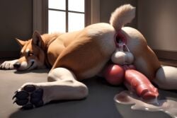 ai_generated animal_genitalia animal_penis anus balls bodily_fluids canid canine canine_penis canis cum cum_in_ass cum_inside domestic_dog feral gaping gaping_anus genital_fluids genitals hi_res knot looking_at_viewer male male/male mammal pawpads paws penis smile solo wazaa