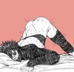 1boy black_and_white dabi gripping_sheets hugeoofenergy male male_focus male_only malesub my_hero_academia solo solo_focus solo_male spank_marks spanking spread_legs submissive submissive_male todoroki_touya touya_todoroki