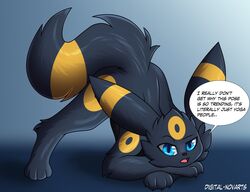 4_toes all_fours ambiguous_gender ass_up bent_over black_body black_fur blue_eyes claws dialogue eeveelution english_text feet feral fur hi_res jack-o'_crouch_pose jack-o_pose looking_at_viewer nintendo nova-umbreon open_mouth paws pokémon_(species) pokemon pose signature simple_background solo speech_bubble spread_legs spreading talking_to_viewer text toes umbreon video_games