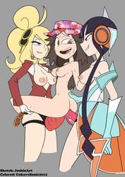 3girls alternate_costume alternate_hairstyle areolae black_hair blonde_hair breasts cynthia_(pokemon) double_penetration elesa_(pokemon) ex_style_(pokemon_masters) ex_sygna_suit_cynthia ex_sygna_suit_elesa ex_sygna_suit_leaf hat joshin leaf_(pokemon) multiple_girls nipples pokemon pokemon_bw pokemon_bw2 pokemon_dppt pokemon_frlg pokemon_masters strap-on sygna_suit_cynthia sygna_suit_elesa sygna_suit_leaf yuri