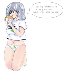 1girls burger eating english english_text gilf glasses grandmother gray_hair large_breasts milf oppai panties speech_bubble thatveganteacher the_vegan_teacher tiktok vegan vegan_to_omnivore white_background zekromilk