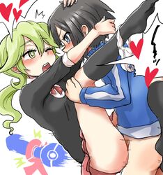 black_hair black_leggings blonde_hair blue_eyes blush calem_(pokemon) embrace embracing female heart lass_(pokemon) lass_(pokemon_xy) leggings lifting_person male moan moaning nintendo npc_trainer panties_around_leg panties_around_one_leg pokemon pokemon_xy straight vaginal_penetration vaginal_sex yellow_eyes