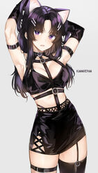 animal_ears arms_up asymmetrical_legwear black_gloves black_hair black_legwear breasts cleavage elbow_gloves eyebrows_visible_through_hair female garter_straps gloves hair_ornament hairclip high_resolution kanniiepan large_breasts lingerie long_hair looking_at_viewer nekomimi original parted_lips purple_eyes single_thighhigh tagme thighhighs very_high_resolution