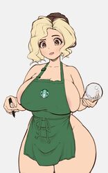 1girls apron areola_slip areolae barely_contained big_lips blonde_hair blush breasts brown_eyes brown_hair cleavage clothing collarbone confused confusion curvaceous curvy_figure dyed_hair erect_nipples eyebrows eyebrows_raised eyelashes female female_only green_apron hat hi_res honeyshaman huge_breasts iced_latte_with_breast_milk large_areolae lil.pochaco_(twitter) lips logo meme naked_apron nipple_bulge nipples_visible_through_clothing nose overflowing_breasts partially_clothed pout questionable real_person short_hair sideboob simple_background starbucks tagme thick_thighs white_background white_skin wide_hips