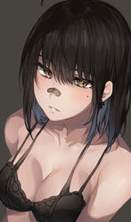 ahoge bangs bare_shoulders black_bra black_underwear bra breasts brown_background brown_eyes brown_hair clavicle cleavage cross cross_earrings earrings female high_resolution irene_(kanniiepan) jewelry kanniiepan looking_at_viewer medium_breasts medium_hair mole mole_under_eye original parted_lips simple_background solo tagme teeth underwear upper_body very_high_resolution