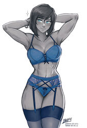 1girls abs adjusting_hair armpits arms_up artist_name avatar_legends blue_bra blue_garter_belt blue_garter_straps blue_lingerie blue_panties blue_stockings blush bra breasts cleavage cowboy_shot female female_only garter_belt garter_straps iahfy korra lingerie medium_breasts muscular muscular_female panties shaved_armpit short_hair solo stockings the_avatar the_legend_of_korra thighhighs tomboy toned_female water_tribe