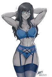 1girls abs adjusting_hair armpits arms_up artist_name avatar_legends blue_bra blue_garter_belt blue_garter_straps blue_lingerie blue_panties blue_stockings blush bra breasts cleavage cowboy_shot dark_skin female female_only garter_belt garter_straps good_artwork hair_down hi_res iahfy korra lingerie long_hair medium_breasts muscular_female panties solo stockings the_avatar the_legend_of_korra thighhighs tomboy toned_female water_tribe